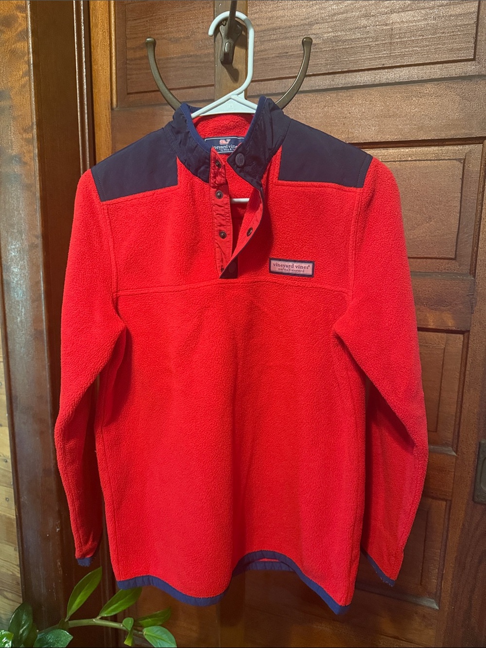 Vineyard Vines Red Fleece Pullover with Navy Yoke Trim